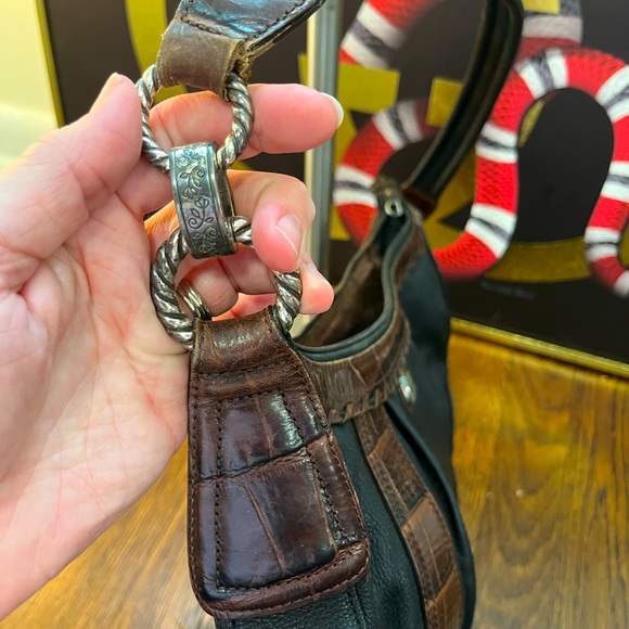 Brighton Vintage Black and Croc Embossed Brown Leather Handbag - Picture 6 of 10